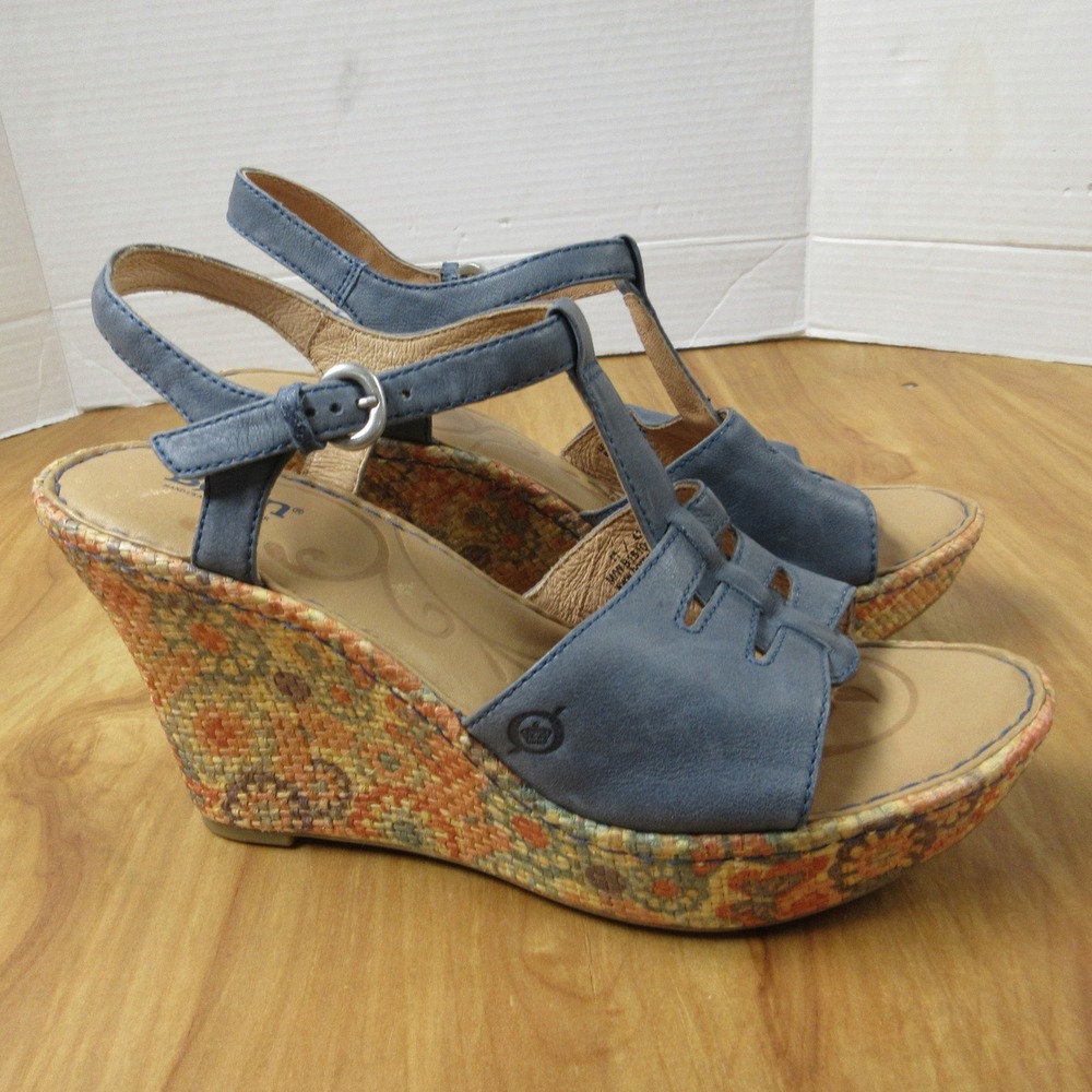 BORN Rebecka Floral Woven Platform Wedge Sandals Sz 11 Blue Leather Shoes B16104